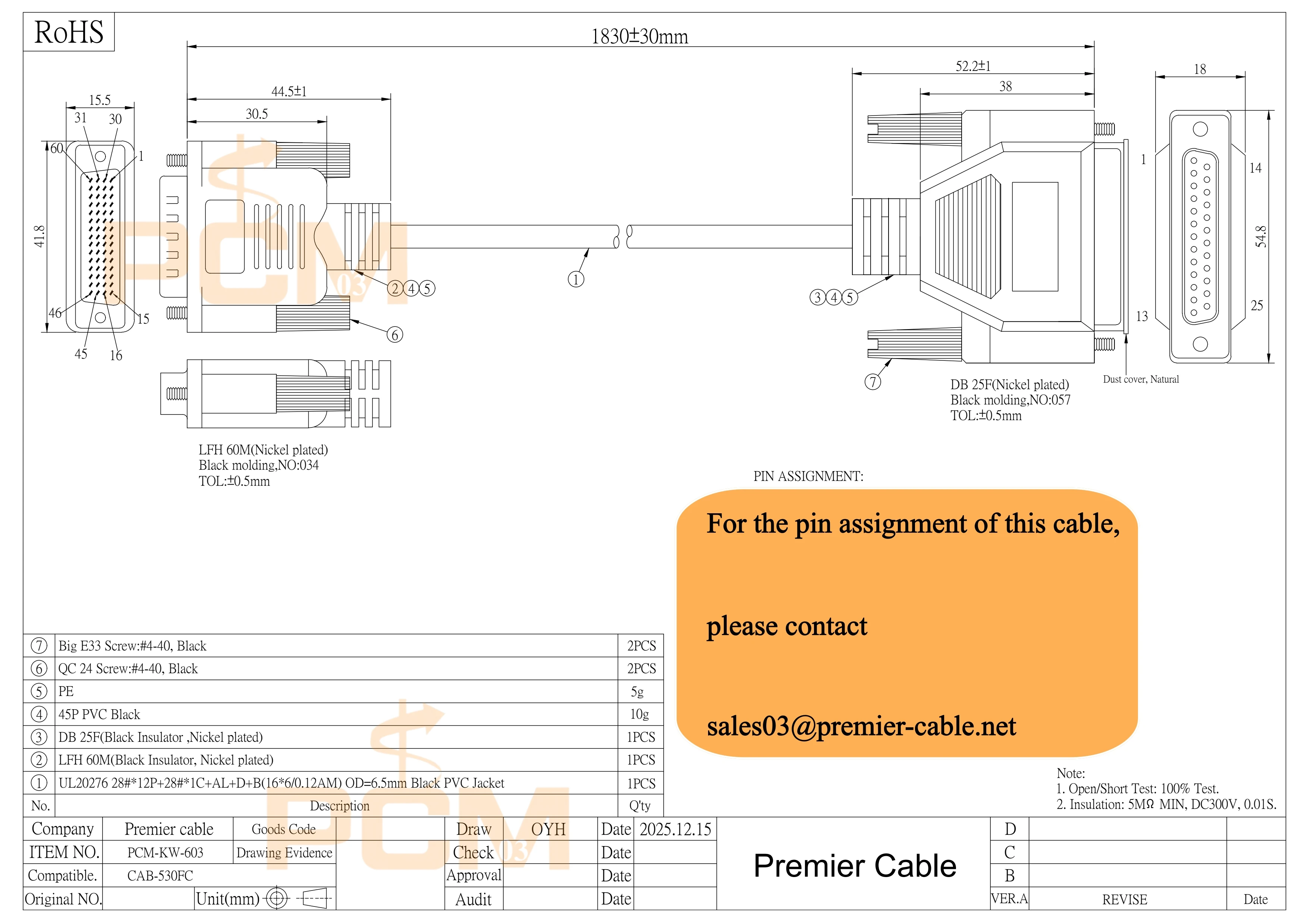 Cisco Compatible CAB-530FC, LFH60 Male to DB25 RS530 DCE Female Serial Cable 72-0798-01 Connector