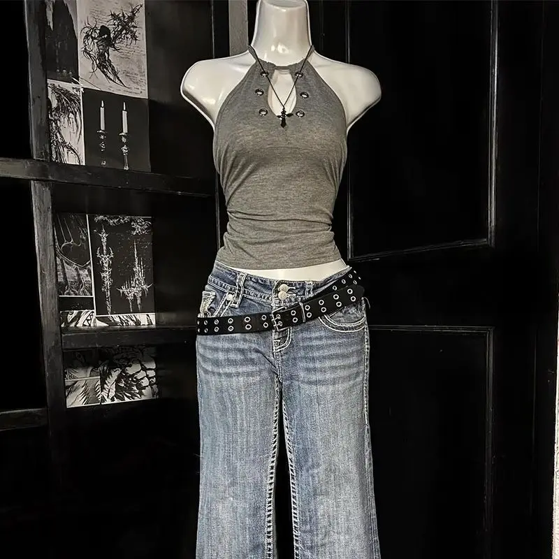 Vintage Retro Spicy Girl Gray Women Streetwear Sleeveless Tank Tops Hanging Neck Vest Slim Fit Tops New Style 2025 Summer New