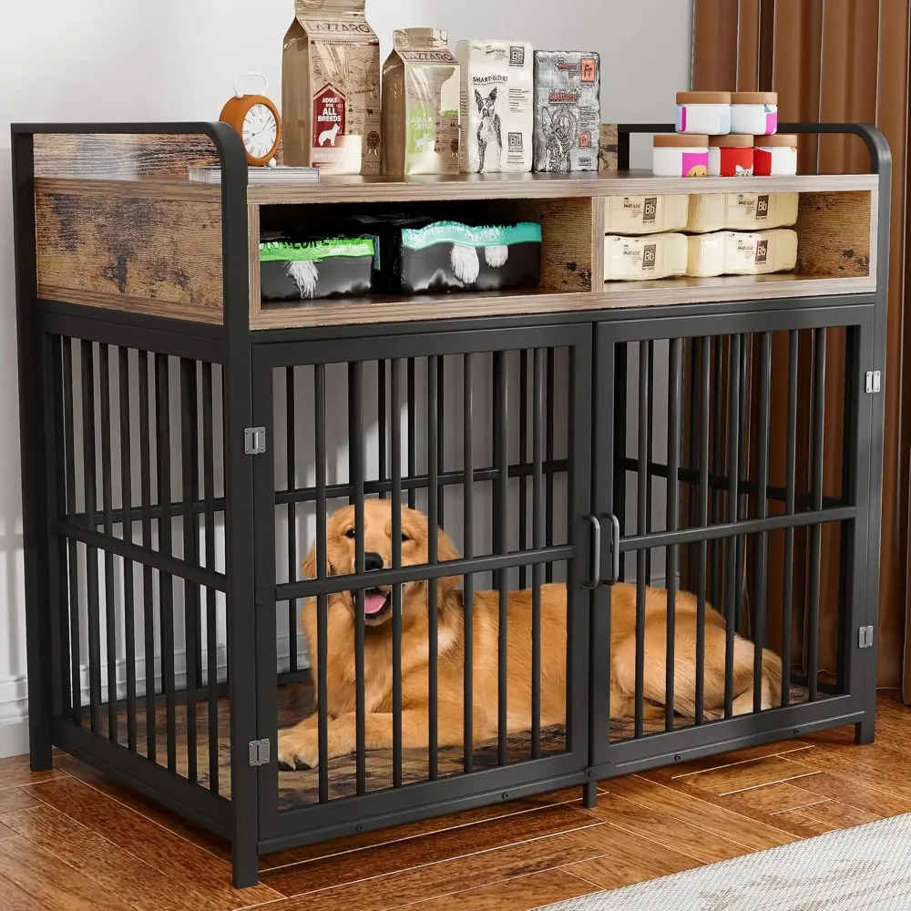 Dog Crate, Dog Kennel Indoor, Wood Cage Table with Drawers Storage, Heavy Duty Dog Crate, Jaula para Perros, Sturdy Metal