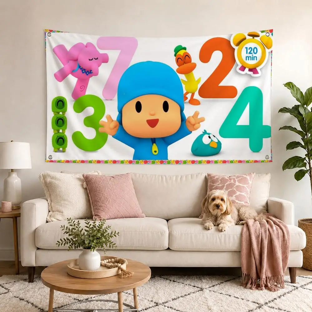 Cartoon Boy & Girls P-Pocoyo Anime Flags Decor Garage Flags for Bedrooms Outdoor Decor Tapestry Flaga Advertising Barber Shop