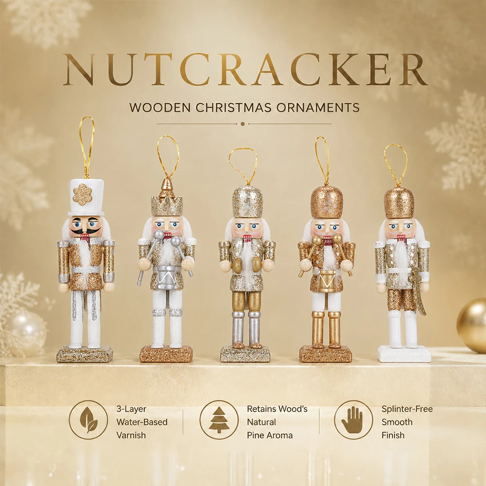 5 Stück 12cm Nussknacker-Puppen aus Holz, Handgefertigte Soldatenfiguren, Tischdekoration, Christbaumanhänger, Weihnachts- und Neujahrsdekoration – Detail 4