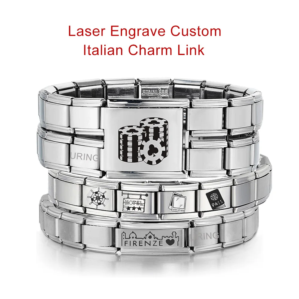 URING Customized Laser Engrave Italian Charm Link Fit 9/18mm Stainless Steel Bracelet Women Men Jewelry DIY Making Beads