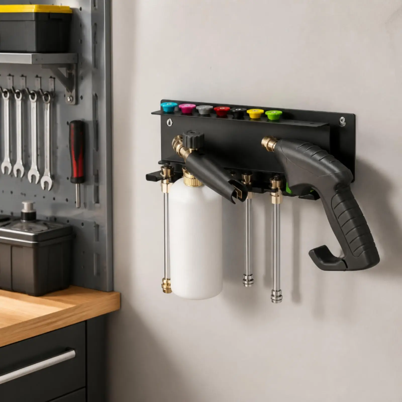 Pressure Washer Wall Rack Powder-Coated Foam Dispensing Head and Nozzle Organizer Pressure Washer Holder for Car Detailing