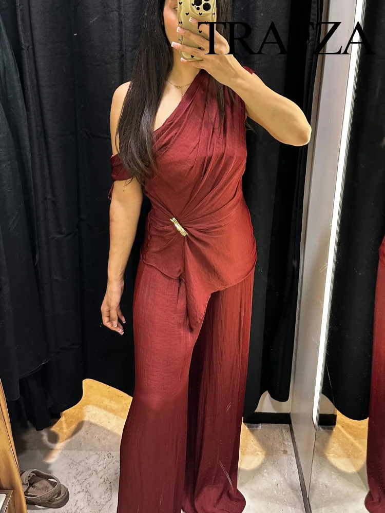 

TRAFZA Women Casual Pants Suit Dew Shoulder Golden Button Sleeveless Solid Short Top+Pleated High-Waisted Wide Leg Long Pant