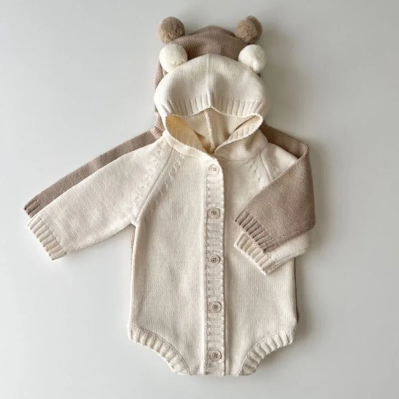 Autumn Spring Korean Style 0-24M Baby Boys Girl Clothing Long Sleeved Solid Color  Hooded Knitting Jumpsuit Toddler Baby Romper