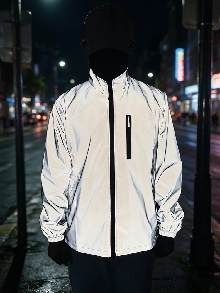 Men's Night Reflective Jacket 2026 Autumn New Stand Collar Outerwear Outdoor Cycling Running Reflect Bright Light Coats