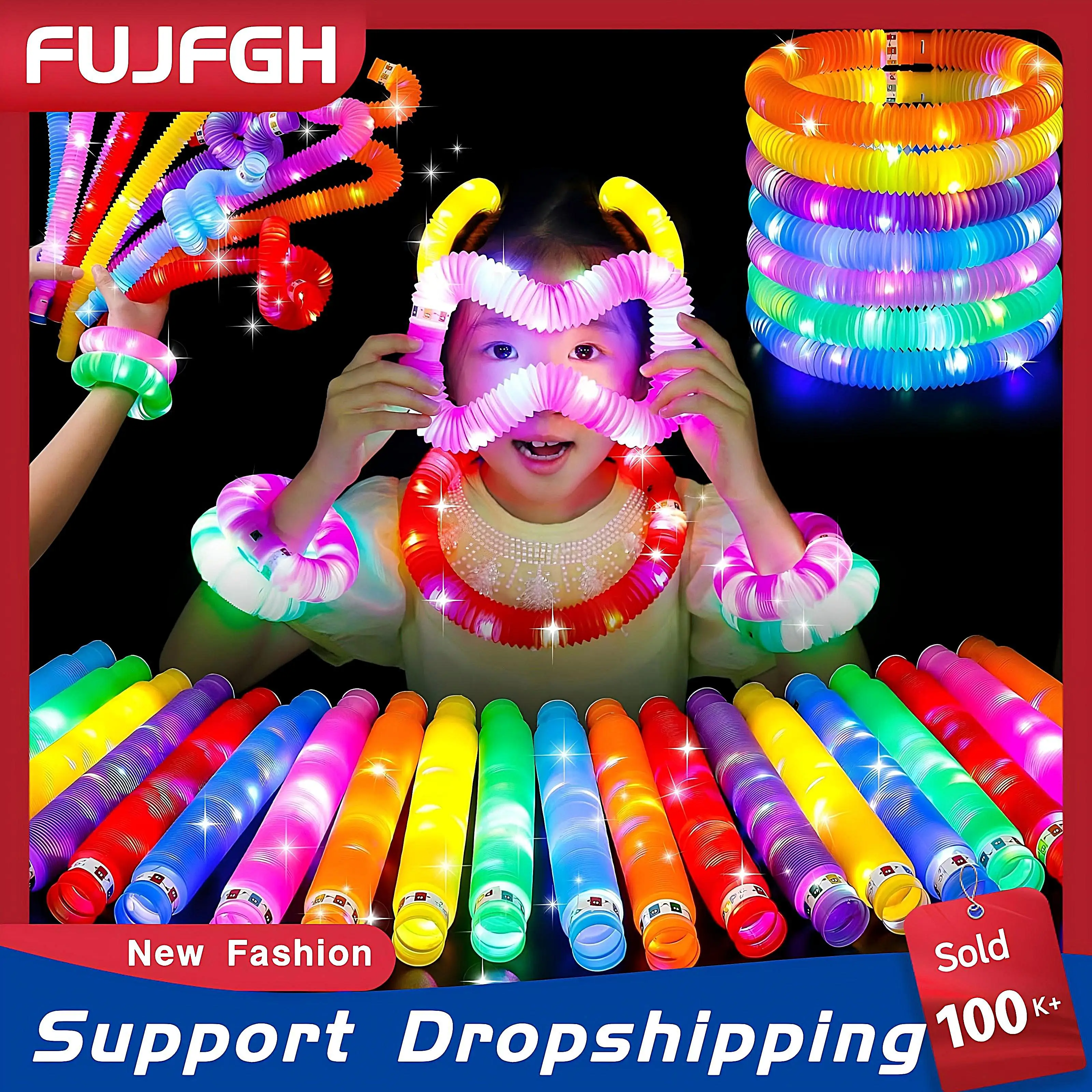 6 12 18 24pcs Pop Tubes Lighted LED Sensory Toys Pull Stretch Tube Toddlers Gifts for Children's Luminous Popping Party Supplies