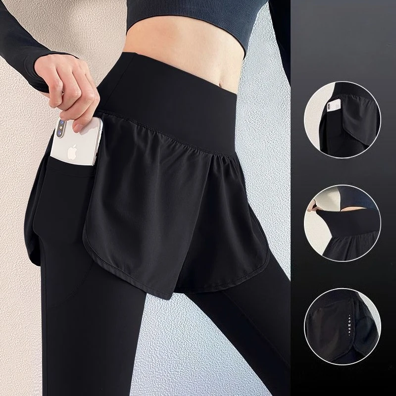 Neue Damen Frühling-Herbst 2-in-1 Leggings - Hochgeschnittene Lauf- und Yogahose mit Schlankem Schnitt für Fitness-Enthusiasten