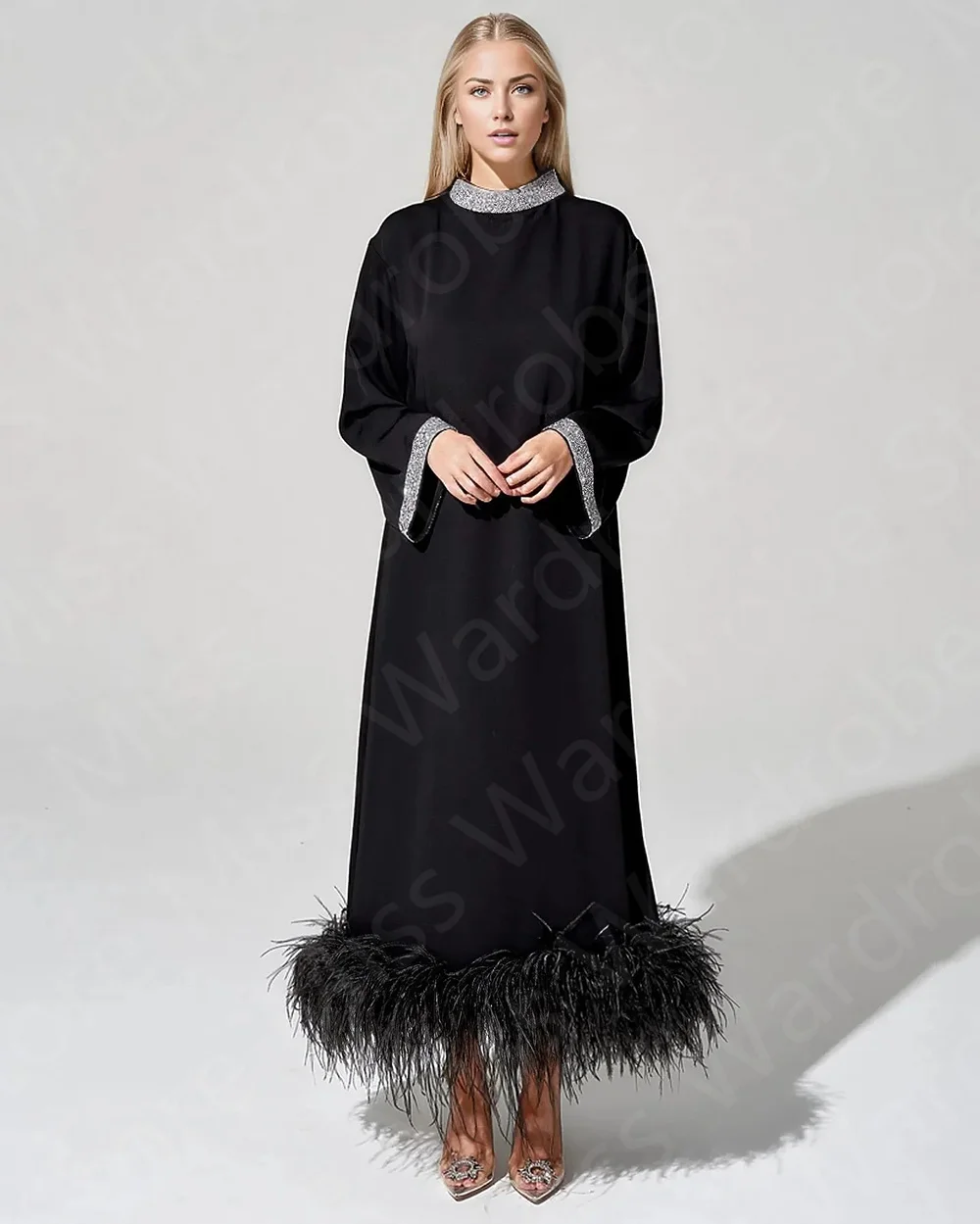 Latest Classic Black Evening Dresses 2024 Feather Dress Long Sleeve Prom Party Gowns Sequined Wedding Guest Gowns Ankle Length