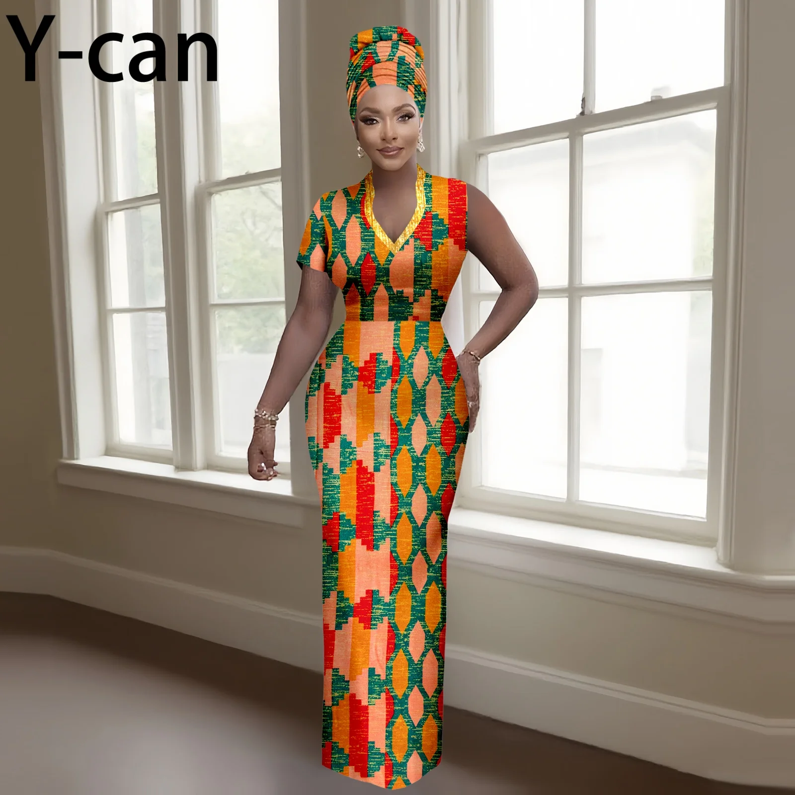 Luxury V-neck Short Sleeve Maxi Dress Dashiki Ankara Wax Print with Headwrap African Style Gown for Women Party Evening - view 2