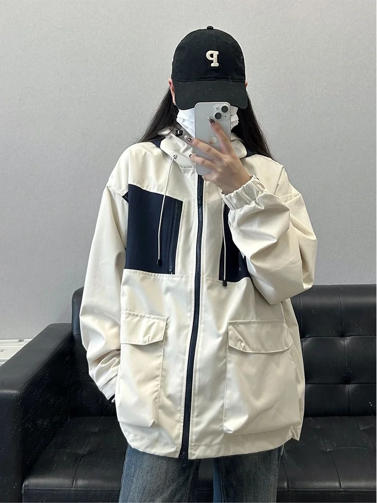 

Американское винтажное женское весенне-осеннее свободное повседневное функциональное пальто-джато с капюшоном из ткани средней длины