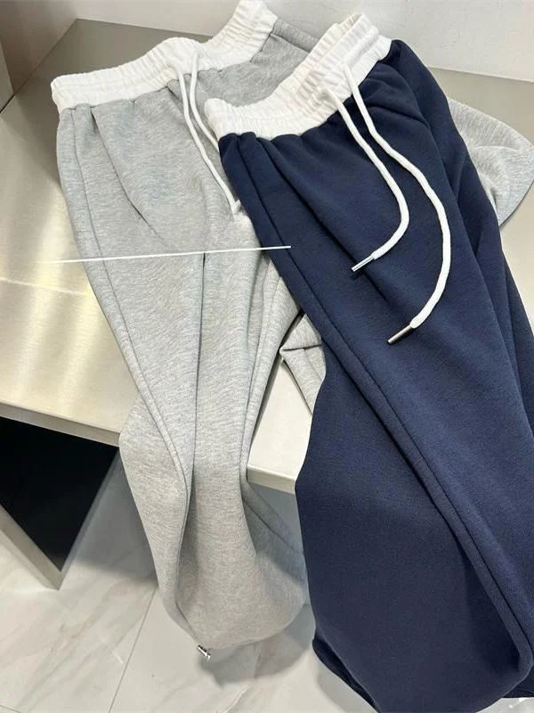 

Американские ретро-спортивные брюки с высокой талией, цветными вставками, на шнурке, с манжетами, женские, повседневные, свободные, прямые, длинные, в стиле lazy style