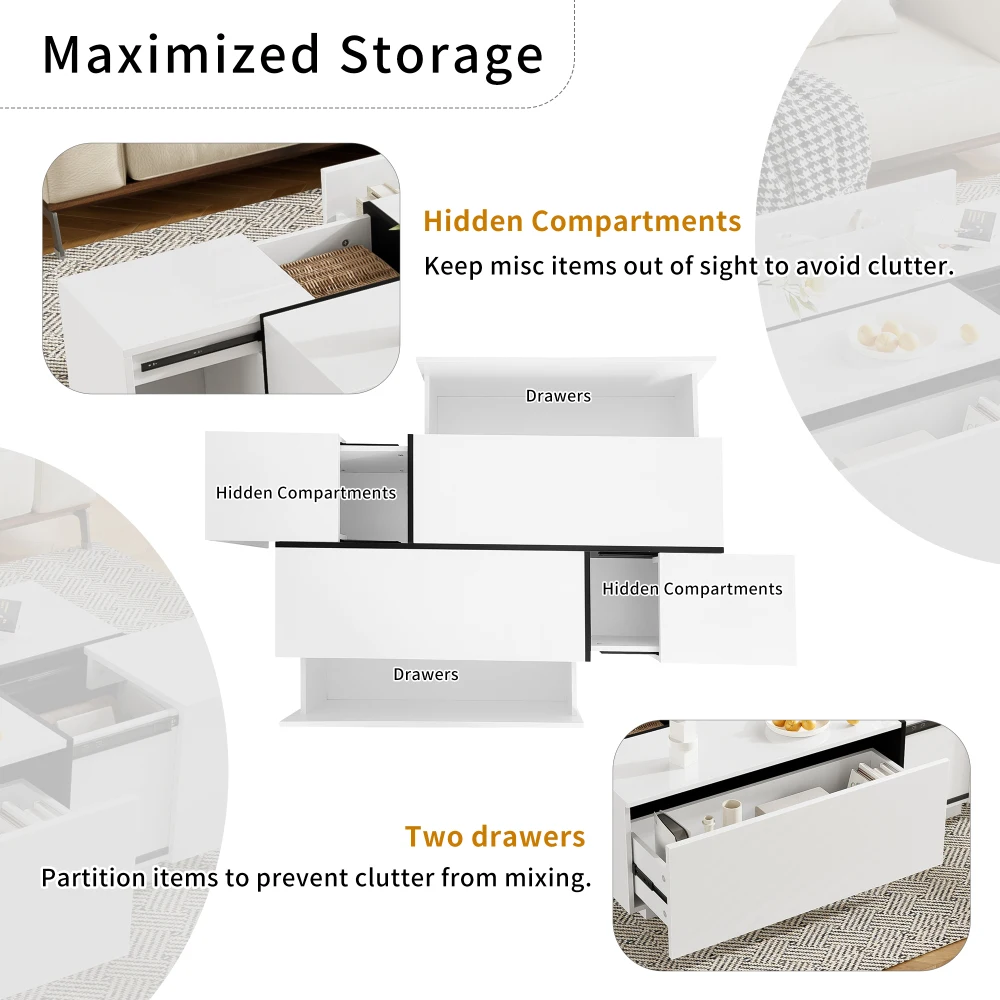 Extendable Coffee Table,Multi-Functional Coffee Table with High-Gloss Finish,2 Hidden Storage Space and 2Drawers for LivingRoom
