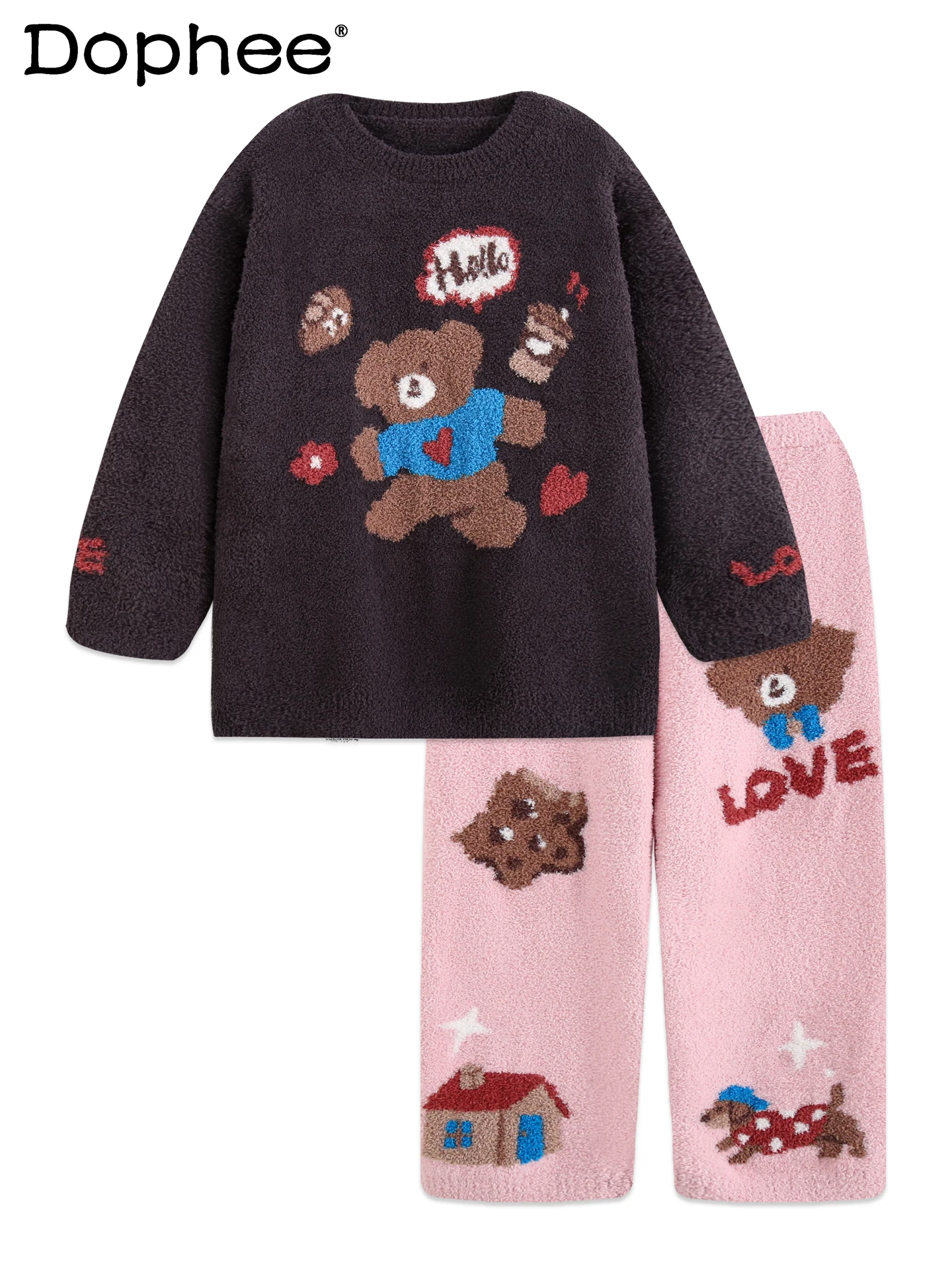 

Japanese Sweet Style Women's Pajamas Autumn Winter Thin Velvet Cute Thickened Coral Fleece Round Neck Set Wearable Homewear