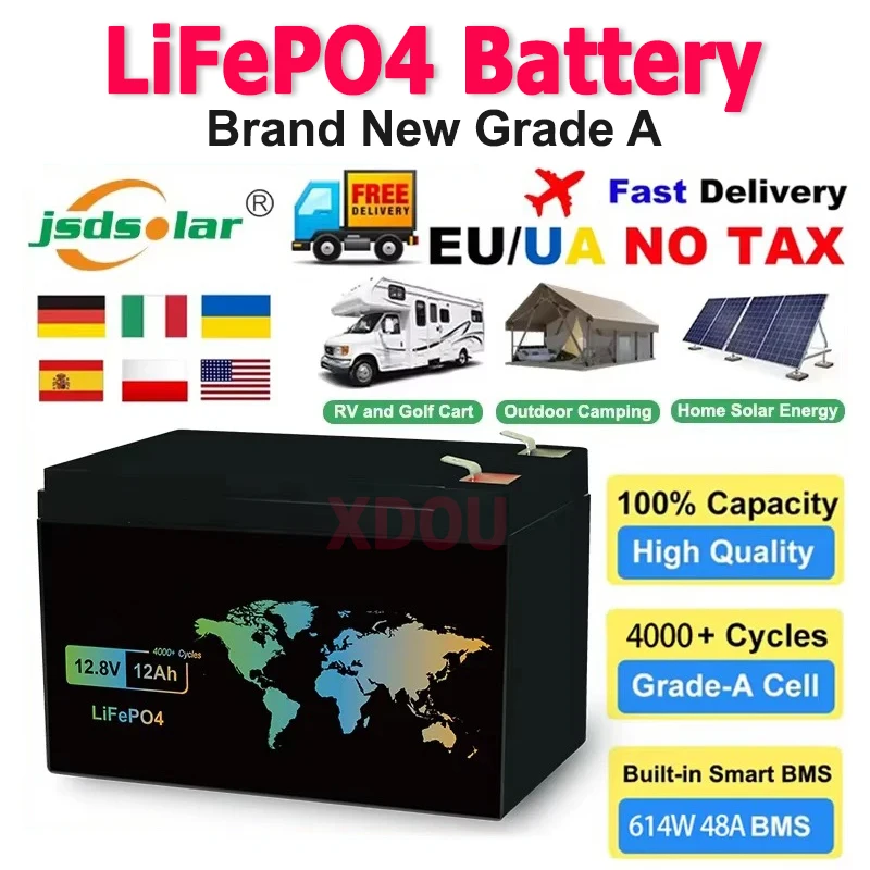 12V 12Ah LiFePO4 Battery Built-in BMS Rechargeable Lithium Iron Phosphate Battery for Emergency Light Motorhomes Boats