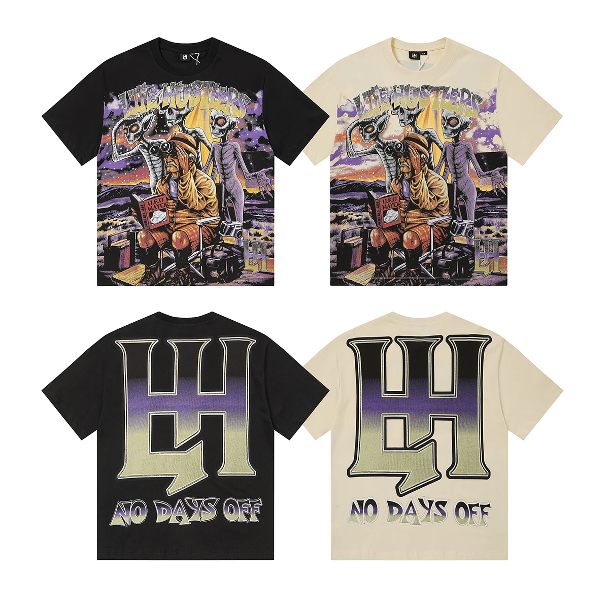 American Style Alien High Street Rhinestone Distressed Loose Heavyweight Pure Cotton Short Sleeve T-Shirt Youth Trendy Citywa...