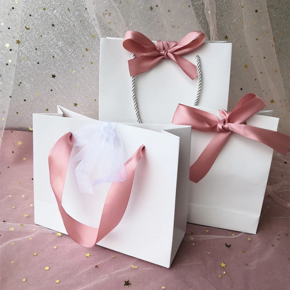 10pcs pink Gift Bag Present Paper Bag With Ribbon Wedding  Pack Box Favors Birthday Party Bags /Pajamas Clothes Wig Packaging