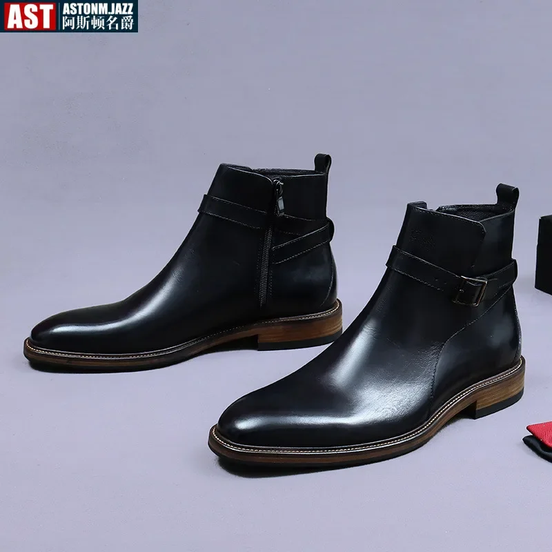 Botas de couro de vaca genuínas masculinas, sapatos de trabalho, bota artesanal para vestido formal, casamento, festa de negócios, novíssimo, 2024