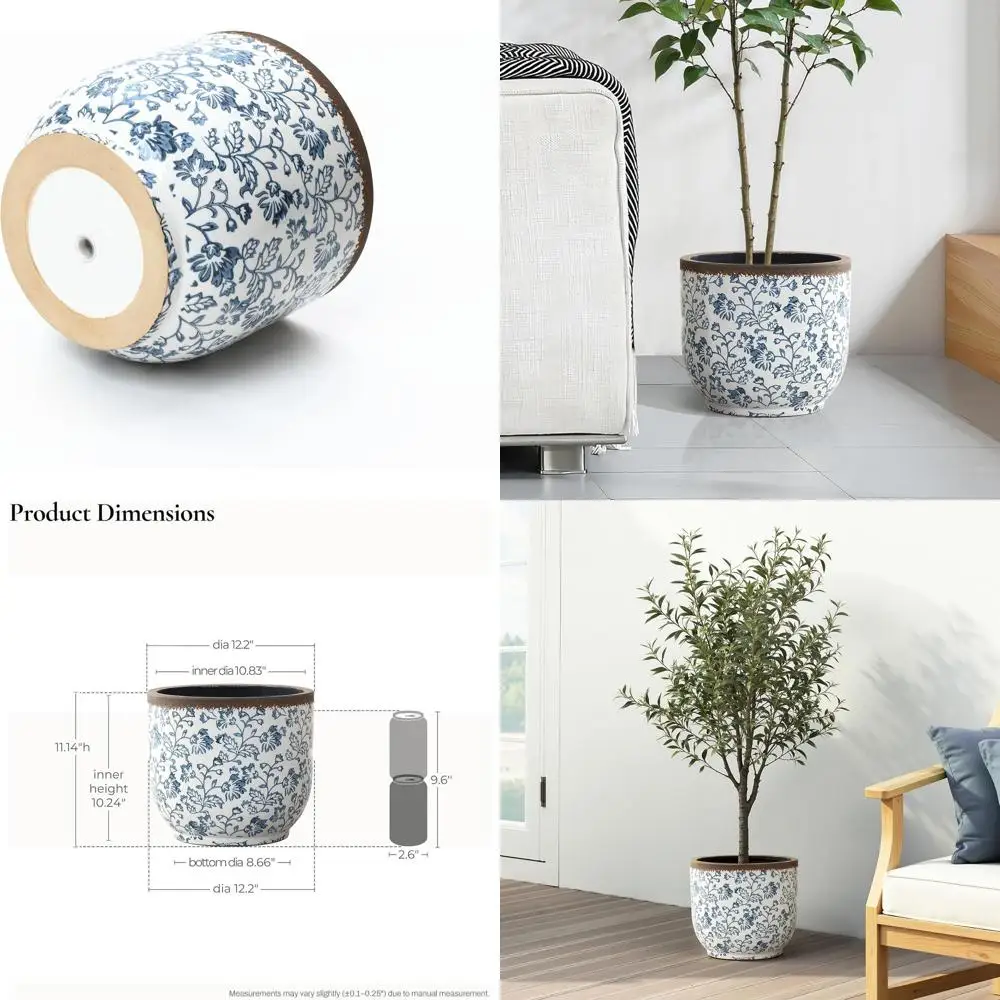 

12 круглых сине-белых керамических кашпо с дренажем для использования в помещении и на улице