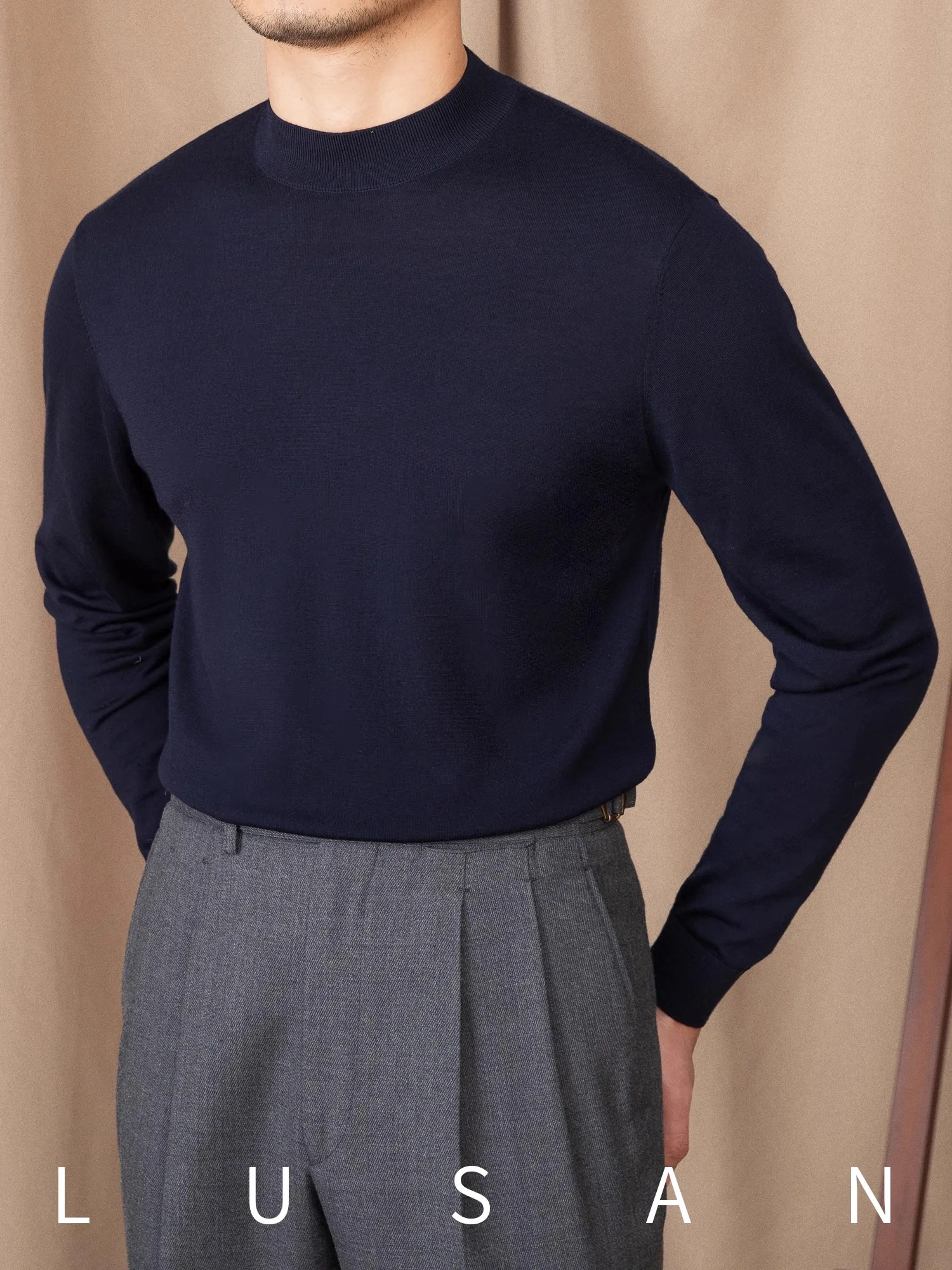 Pulôver masculino 100% lã – Suéter britânico Commuter Slim Fit com camada base semi-gola alta