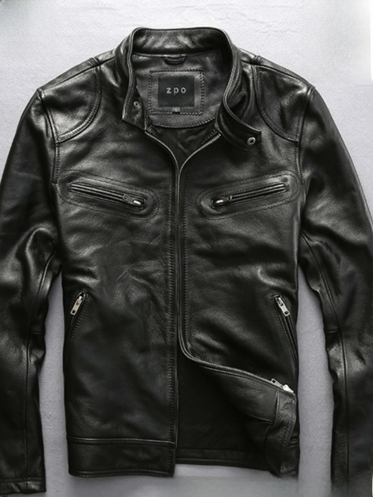 Genuine Leather Biker Jacket Men's Top Layer Cowhide Casual Slim Fit Classic Style Zipper Closure Autumn Wear for Youth