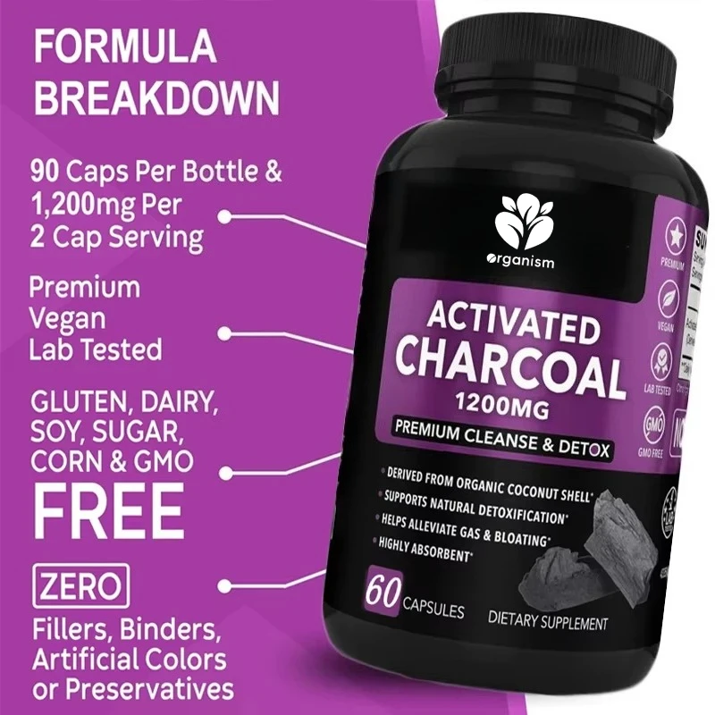Activated carbon capsules clean and detoxify organic coconut charcoal, used to relieve stomach gas and bloating