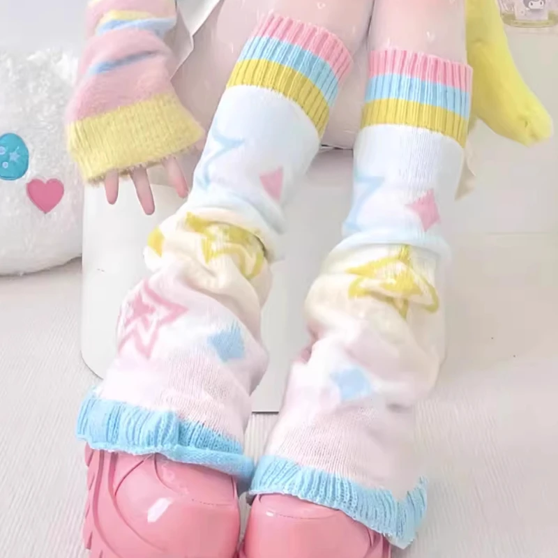Japanese Design Flared Hosiery Colorful Y2K Star Comic Autumn Winter New Sweet Girl Y2k Knitted Wide Leg Socks Warmers Ladies
