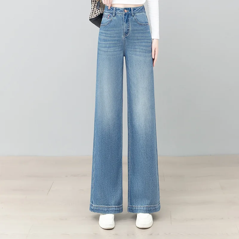 الخريف ضوء اللون الدنيم السراويل المستقيمة النساء عالية الخصر فضفاضة التخسيس بسيطة التنقل عادية واسعة الساق السراويل الطويلة