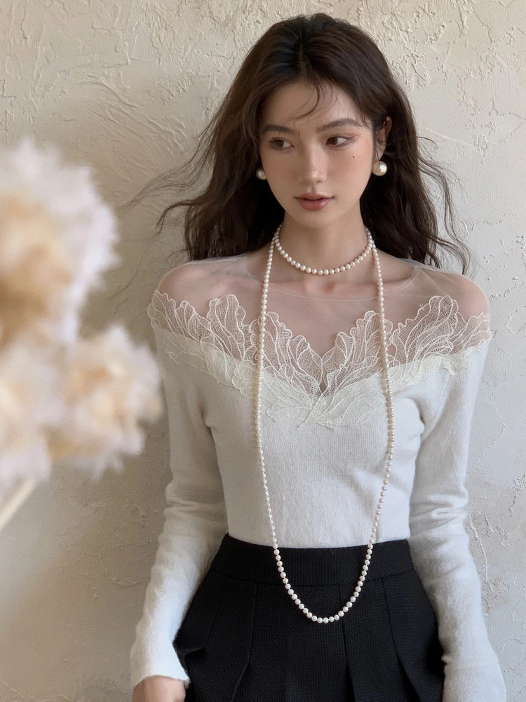 ADAgirl White Off Shoulder Knit Sweater Women Lace Transparent Mesh Long Sleeve Crop Pullovers Fairycore Aesthetics Clothes Chic