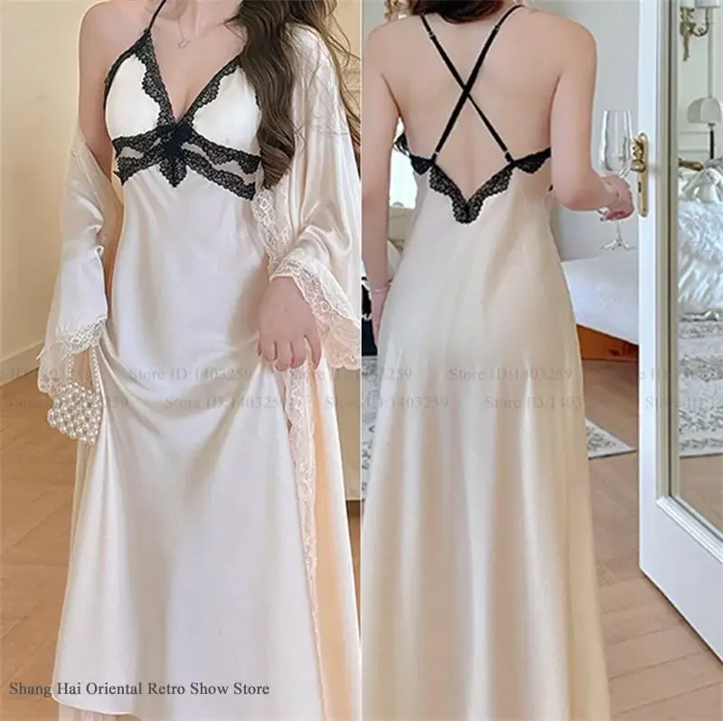 

Bride Wedding Robe Dress Elegant Silky Satin Long Bathrobe Kimono Gown Sexy Lace Nightgown Lingerie Womens Sleepwear Homewear