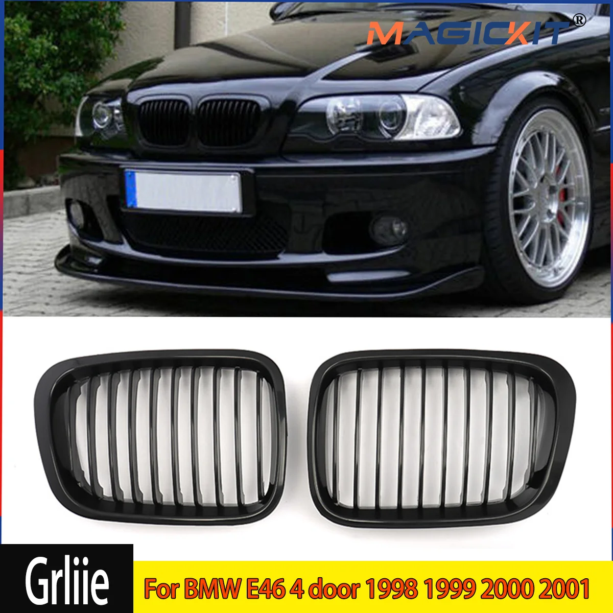 2× Front Kidney Grill Racing Grille Fit for BMW 3 Series E46 4 Door 1998 1999 2000 2001 High ABS Plastic Car Accessories