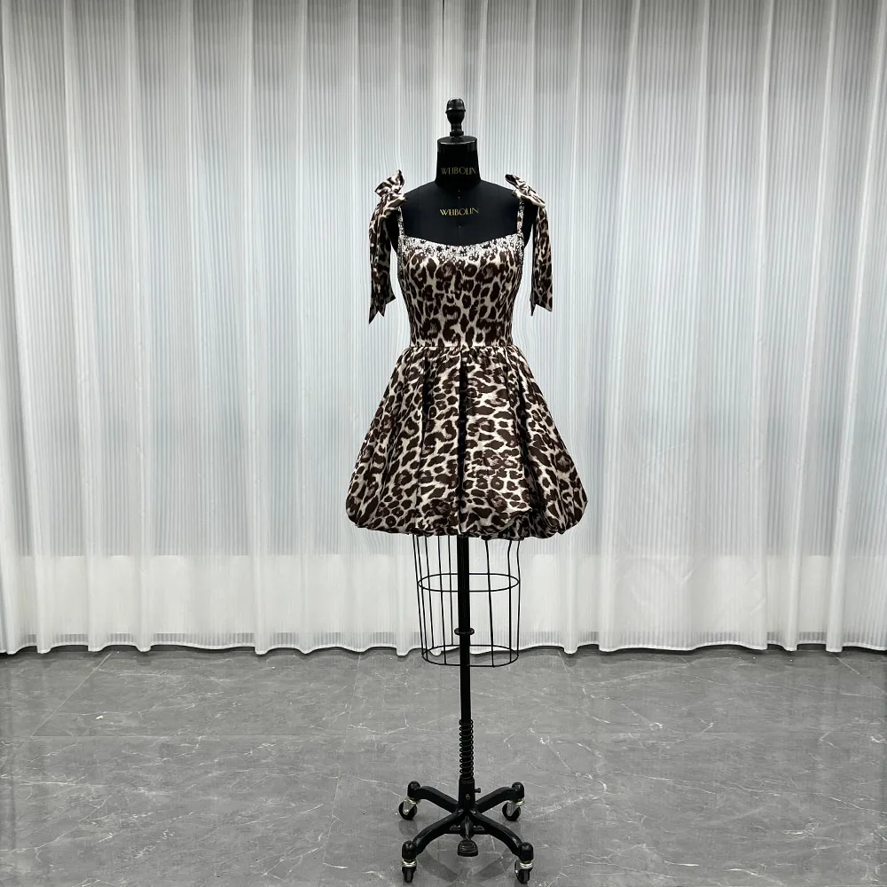 

YQLNNE Sexy Leopard Print Short Mini Prom Dresses Spaghetti Satin Party Gown
