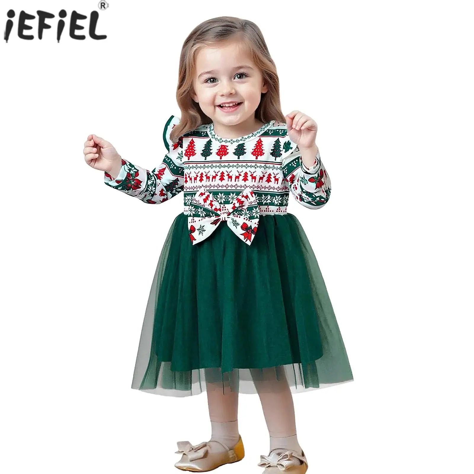Toddler Baby Girls Christmas Princess Dress Cute Cartoon Printed Long Sleeve Bow Dresses for Festival New Year Party Photo Shoot