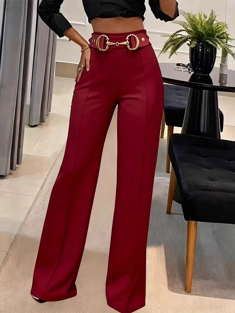 

Новые широкие брюки с металлической пряжкой и высокой талией, модные утягивающие прямые женские брюки с драпировкой