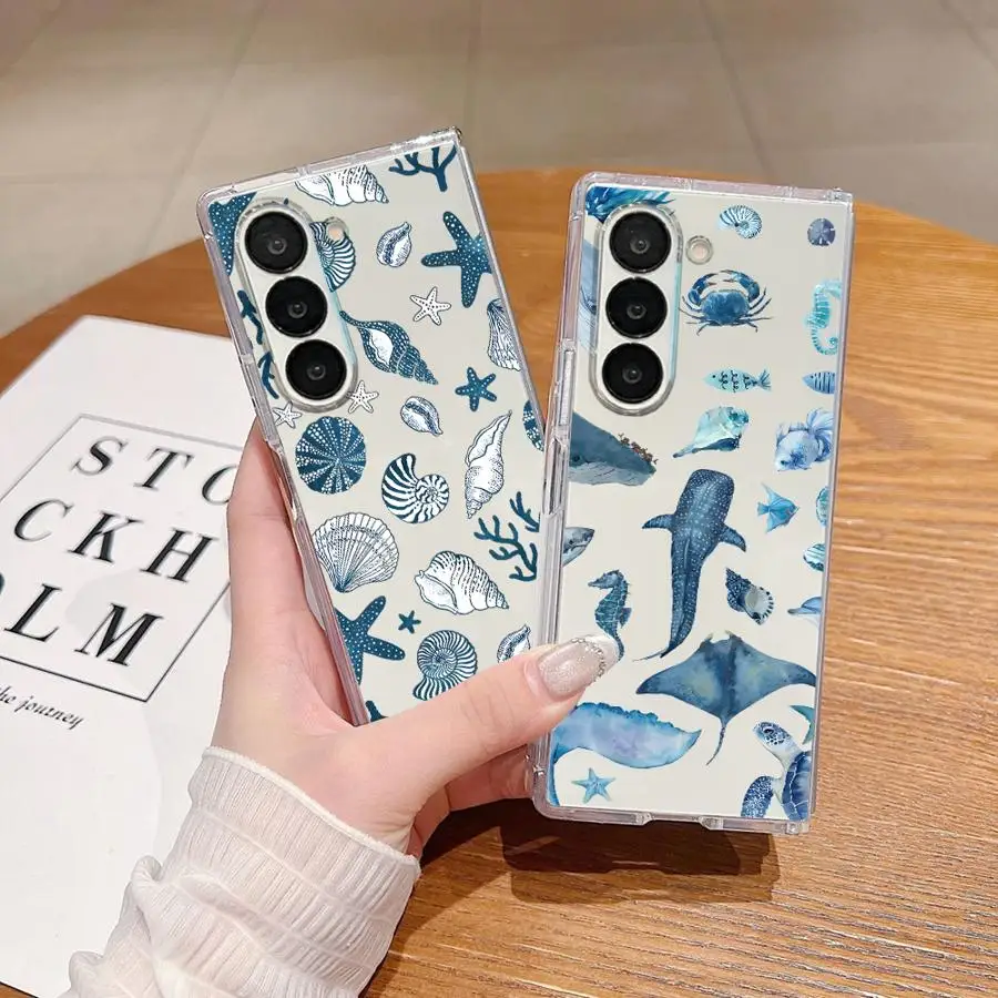 Back Phone Cover Case for Samsung Galaxy Z Fold 7 6 5 4 3 ZFold7 ZFold3 ZFold6 ZFold5 ZFold4 Cartoon Ocean Elements