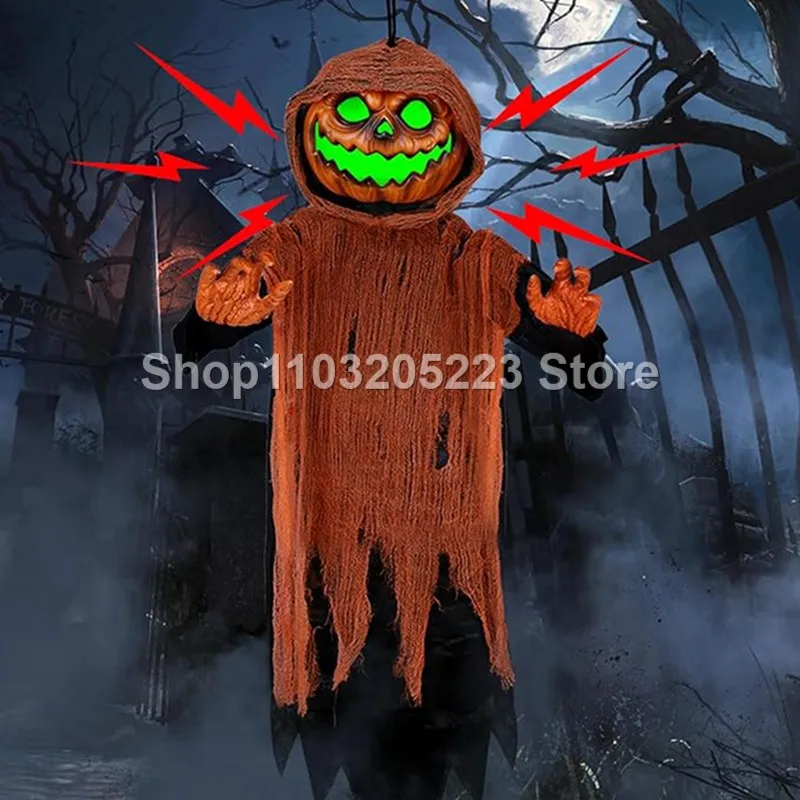 

Halloween hanging decoration animation with spooky sounds and glowing eyes, scary animatronic props for outdoor patio