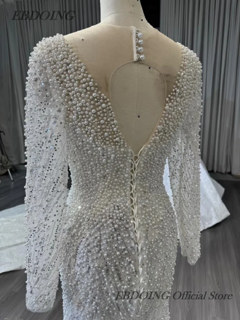 EBDOING Trouwjurk Zeemeermin 2-in-1 Doorzichtige Halslijn Volledige Mouwen Key-Hole Terug Met Kralen Aangepaste Bruidsjurken