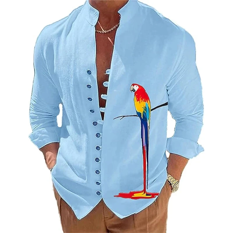 Men Fashion Shirts Parrot 3D Printed Shirt Male Casual Long Sleeve Standing Collar Tops Spring And Autumn Daily Outdoor Camisas