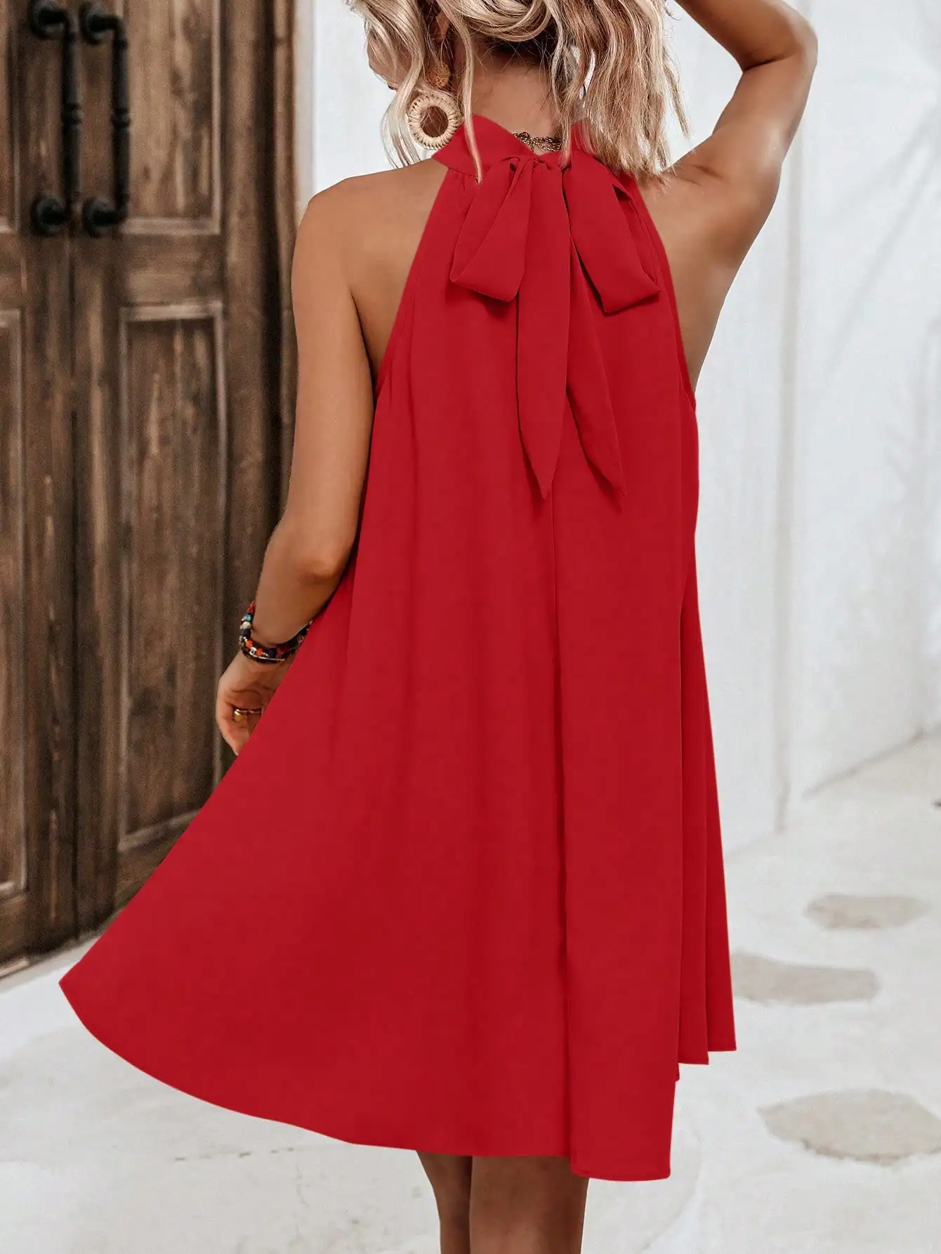 Elegant fashion women's dress halterneck sleeveless A-line knot casual women's dress