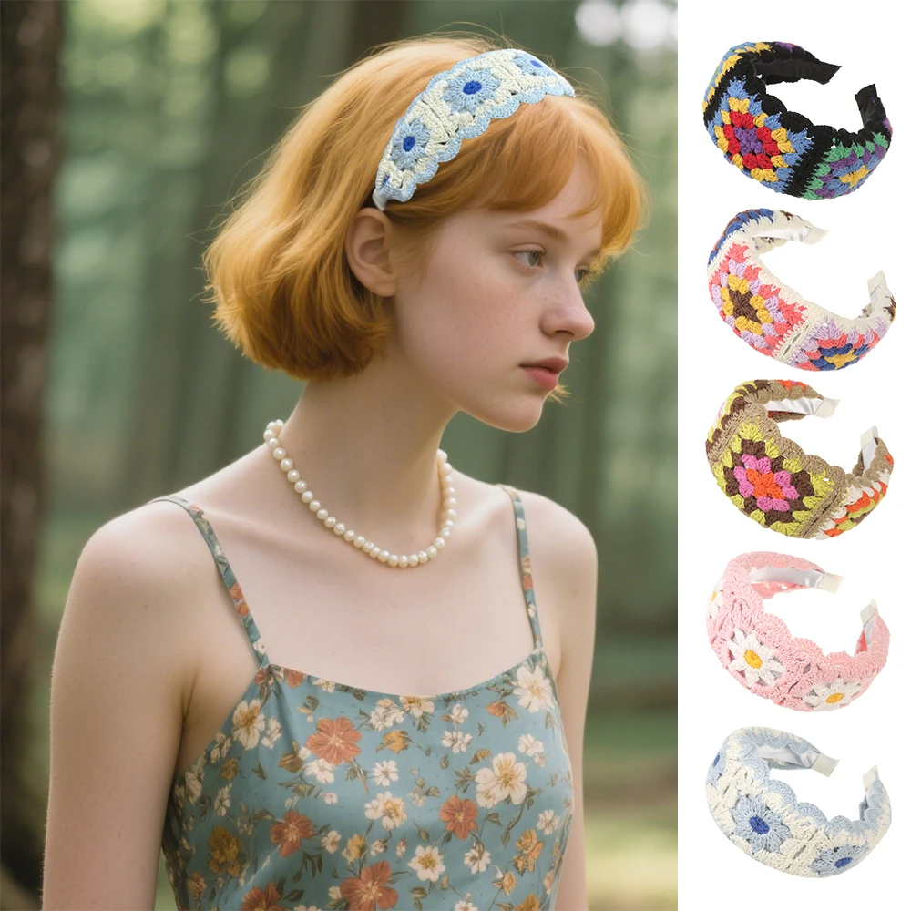 

5 шт./компл. вязаные крючком повязки на голову с цветком, вязаная ткань, широкая повязка на голову с цветочным принтом, хлопковые аксессуары для волос для женщин, вечерние головные уборы