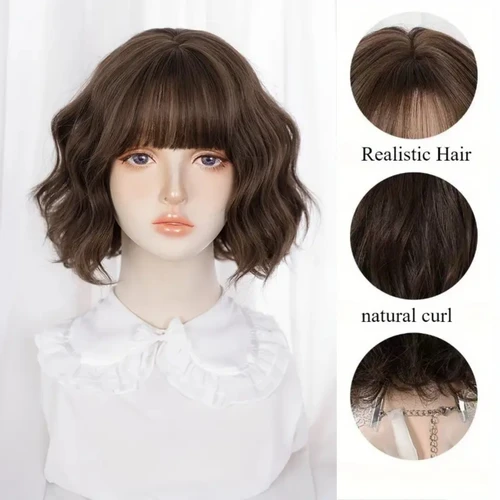 Imagen 2 del producto LOUIS FERRE-pelucas Bob onduladas marrones con flequillo para mujer, pelucas sintéticas cortas y rizadas para uso diario de Lolita, cabello Natural resistente al calor
