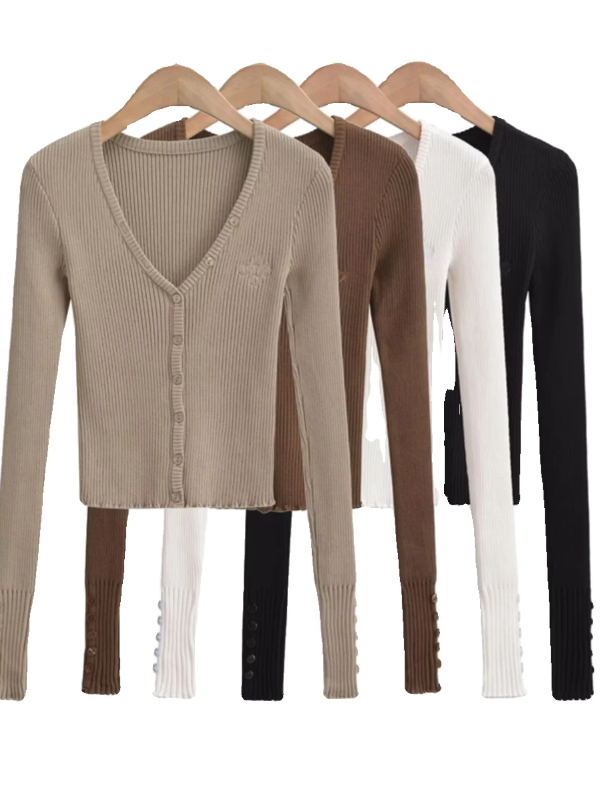 

Retro American V-ne Letter Embroidery Slim Fit Long Sve Button Knitted Cardigan Early Autumn ort Outerwear Ins Sle