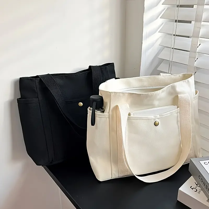 1Pcs Large Capacity Canvas Tote with Multiple Pockets-Perfect for School/work Commute/travel and Shopping Bags on One Shoulder