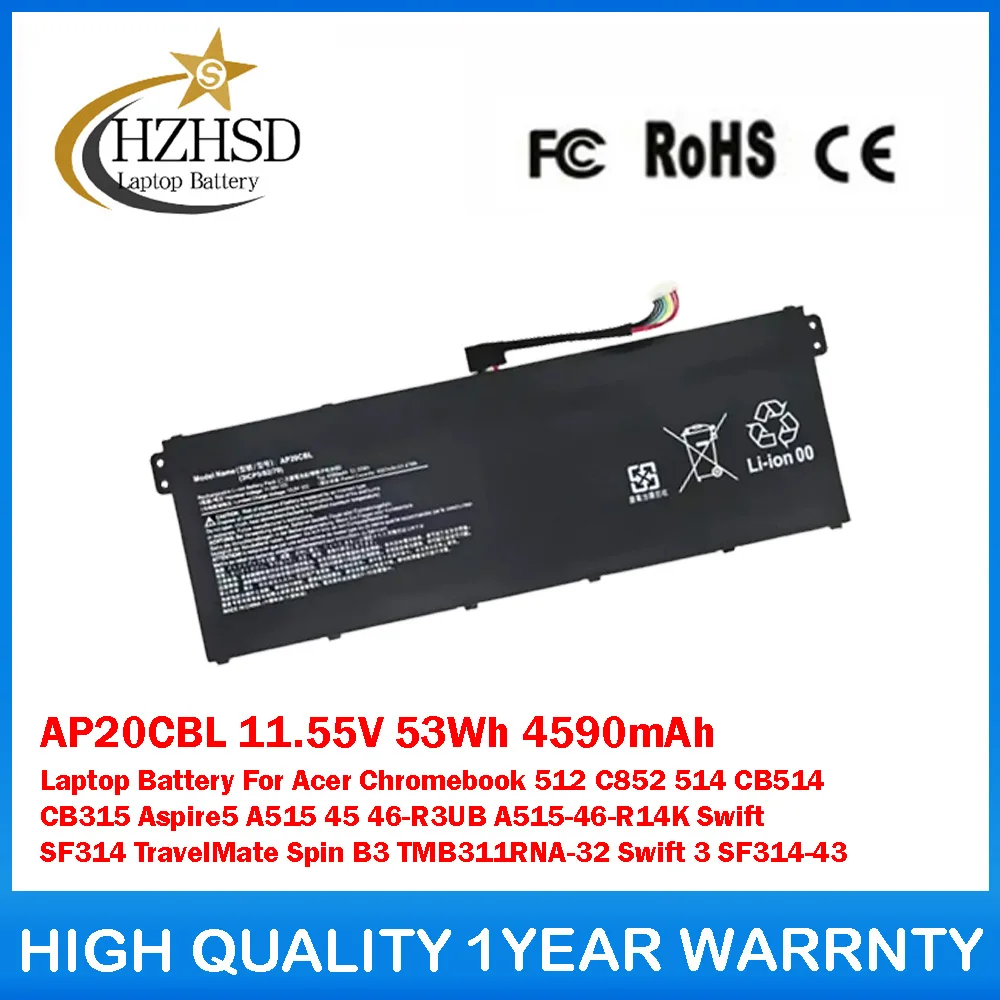 

AP20CBL 11.55V 53Wh 4590mAh Laptop Battery For Acer Chromebook 512 C852 514 CB514 CB315 Aspire5 A515 45 46-R3UB A515-46-R14K
