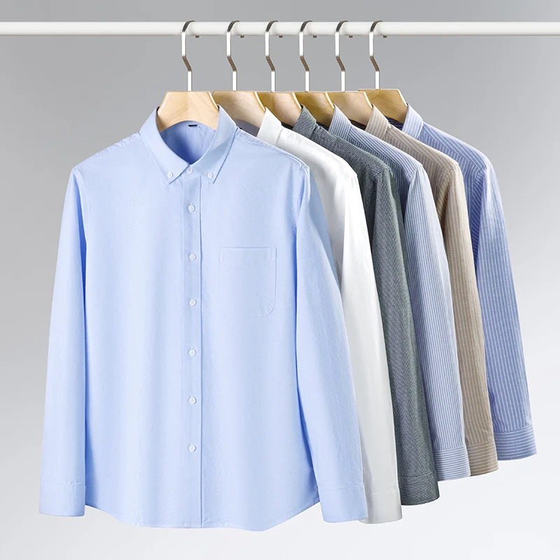 Spring New Men Oxford Shirt Long Sleeve Casual Solid Color Autumn Business Formal Stripe Plaid Slim Fit 100% Cotton Man Clothes