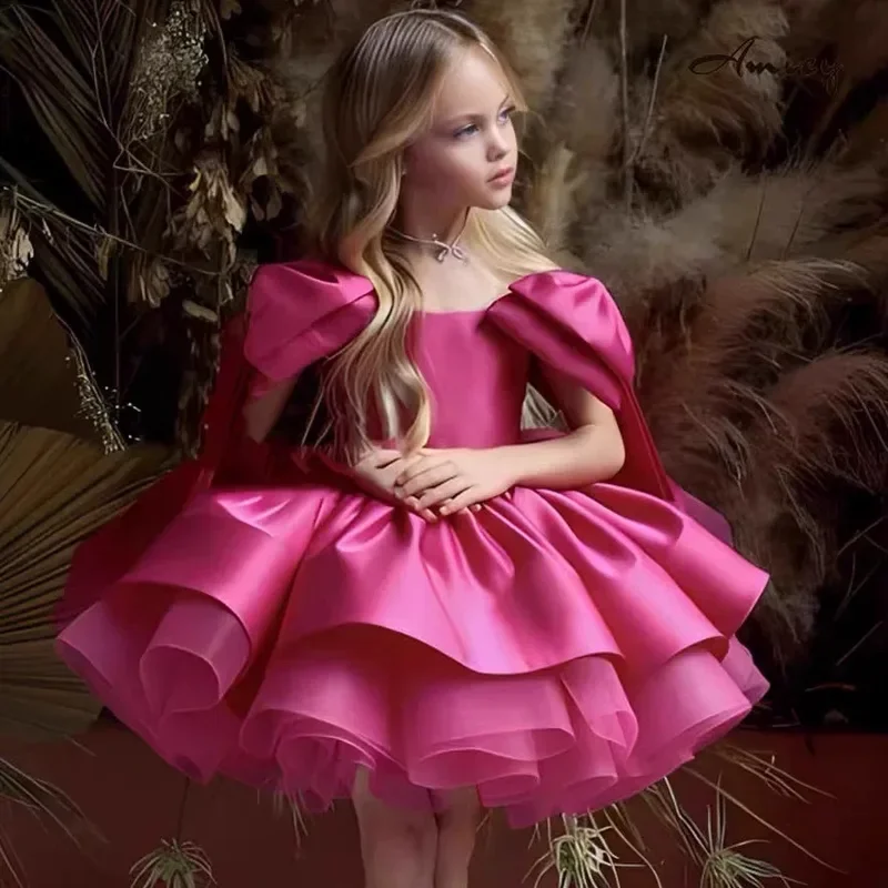 HN8 Fashion Big Bow Girls Party Dress Formal Barbie Pink Wedding Bridemaid Birthday Princess Dresess for Girl Christmas Kids)4Dc