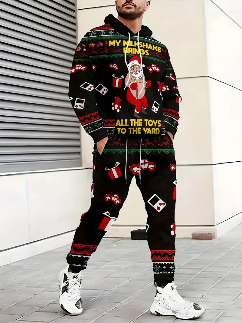 The new men's hoodie set for Spring and Autumn 2025 features a streetwear casual and comfortable 3D Christmas pattern print