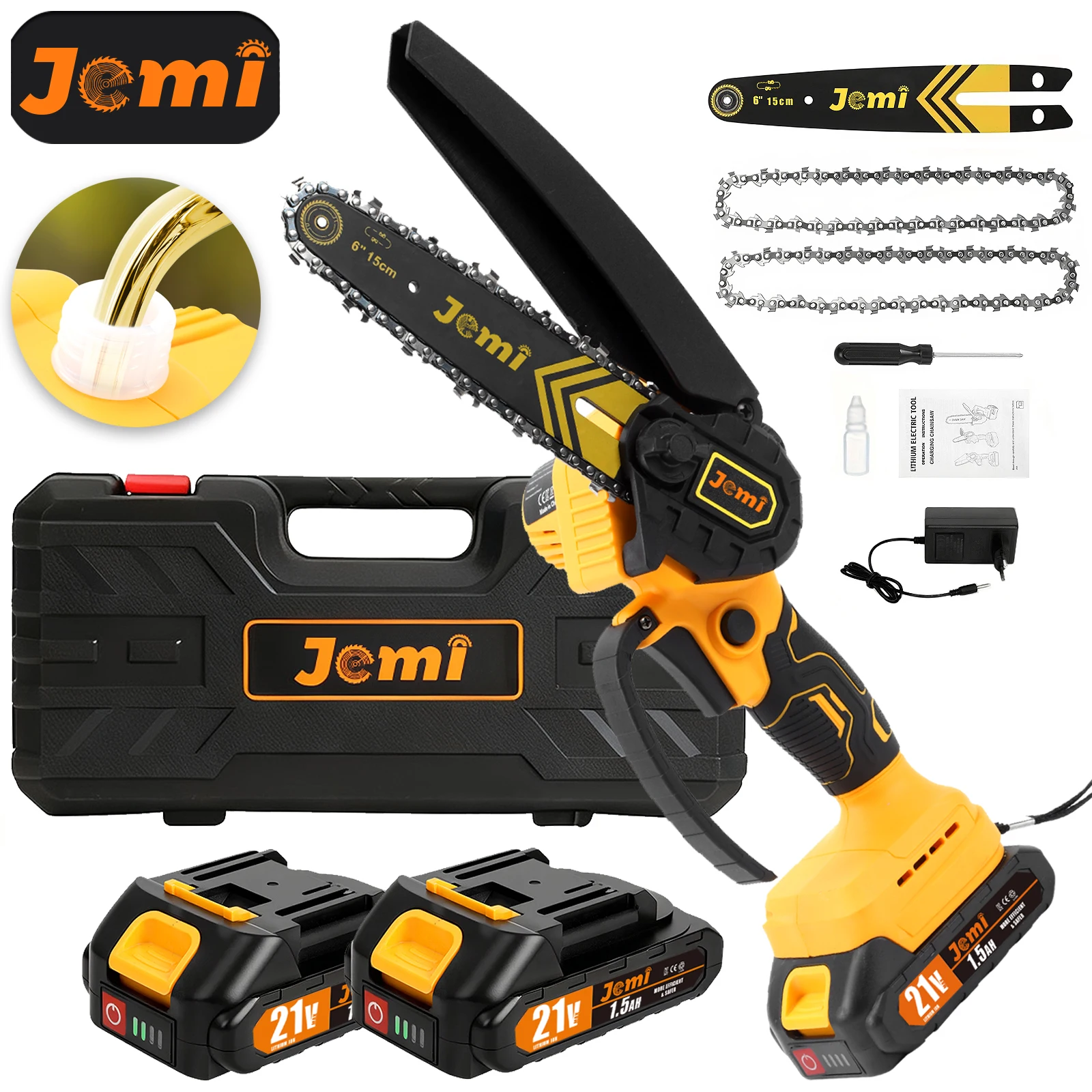 Scie à chaîne portable Jemi Tool de 6 pouces avec verrou de sécurité, 2 chaînes pour la coupe du bois, travaux de jardinage, compatible avec la batterie Makita
