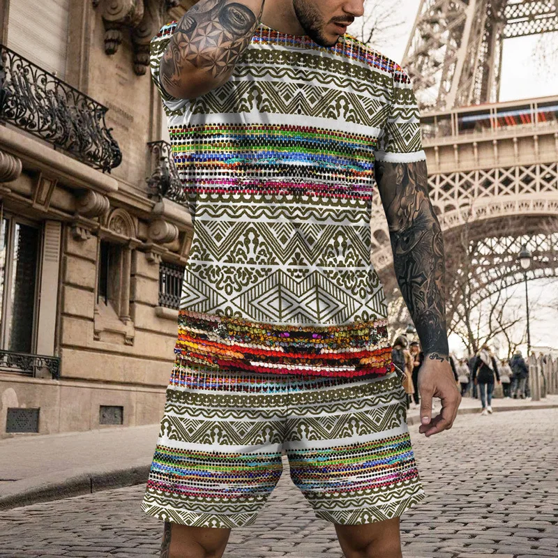 Summer Street Ethnic Style Print Men\'s T Shirt+Shorts 2PCS Outfits Casual Shorts Sets 3D Oversized Man Clothes O-Neck Tracksuit