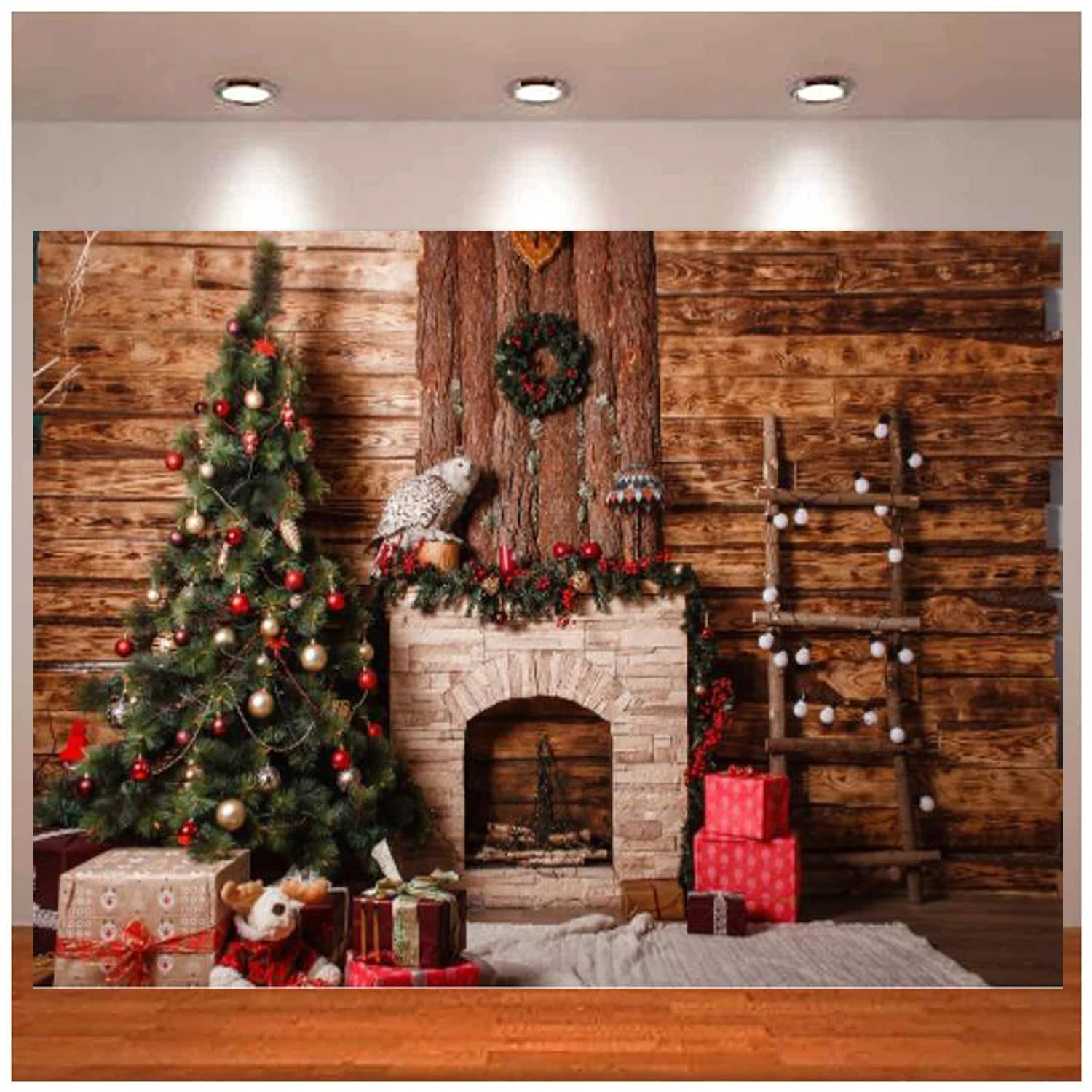 

Photography Backdrop Christmas Tree Fireplace Rustic Wood Wall Xmas Theme Photo Background For Party Photo Shoots Children Adult